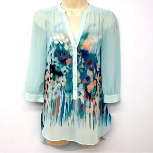 LC Lauren Conrad Baby Blue and Watercolor Pastels Breezy Tunic Top Semi Sheer